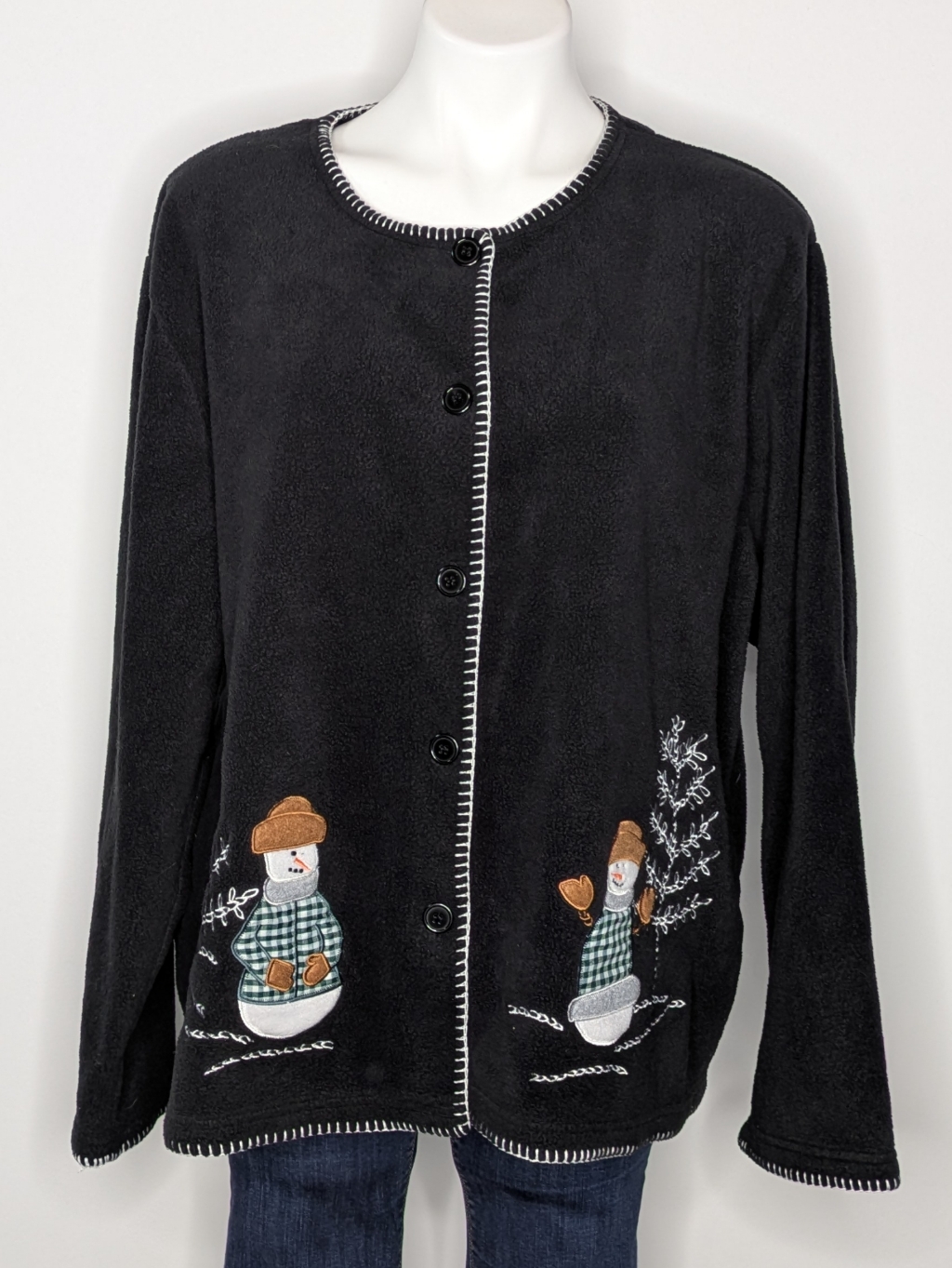 Vintage Stephanie Rogers Black Fleece Winter Holiday Snowman Button Up Cardigan